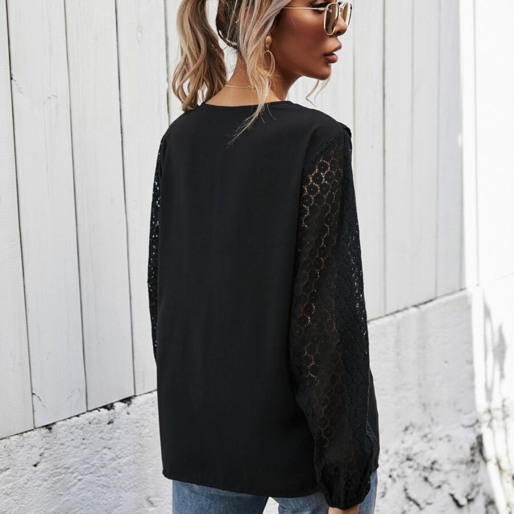 BLack lace ruffle detail v neck long sleeve top - Picture 5 of 6